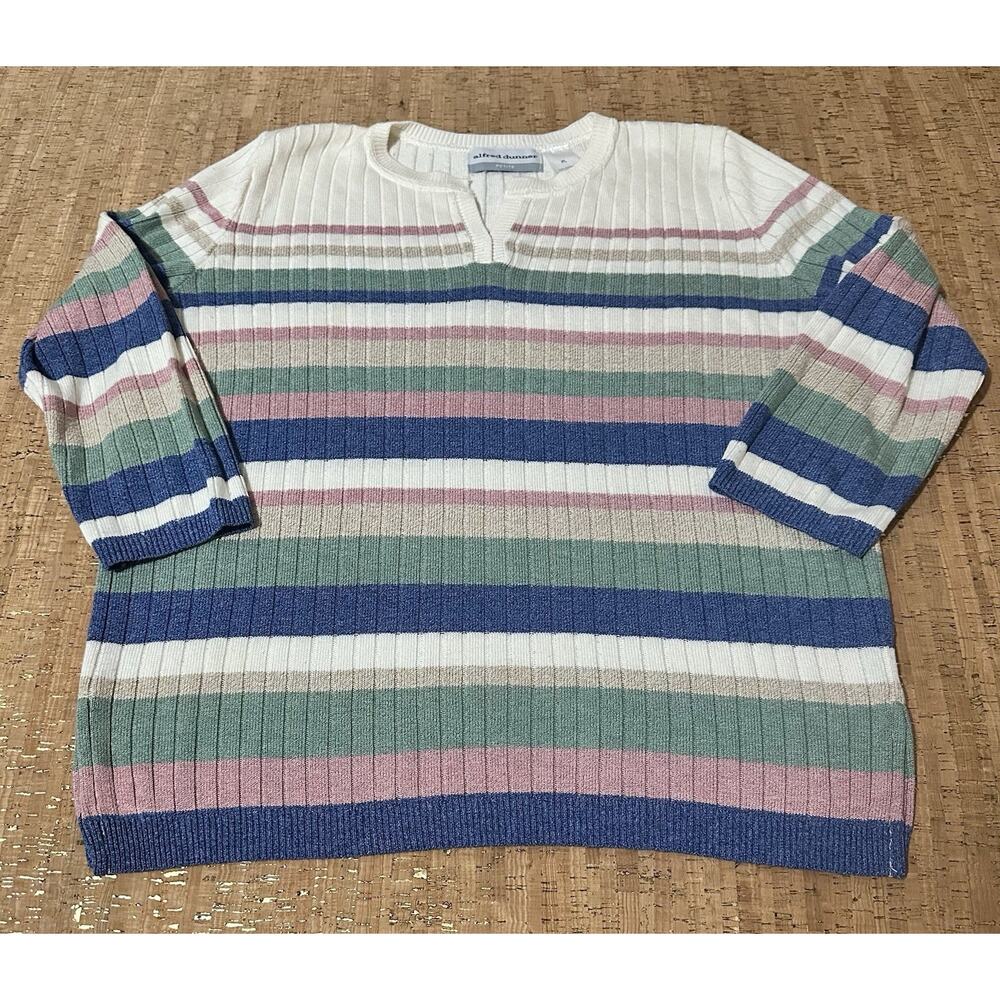 Alfred Dunner Large Petite Neutral Muted Rainbow Slit Neck Half Sleeve Sweater